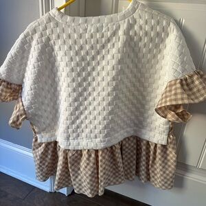 Women's White and Brown Gingham Ruffle Top